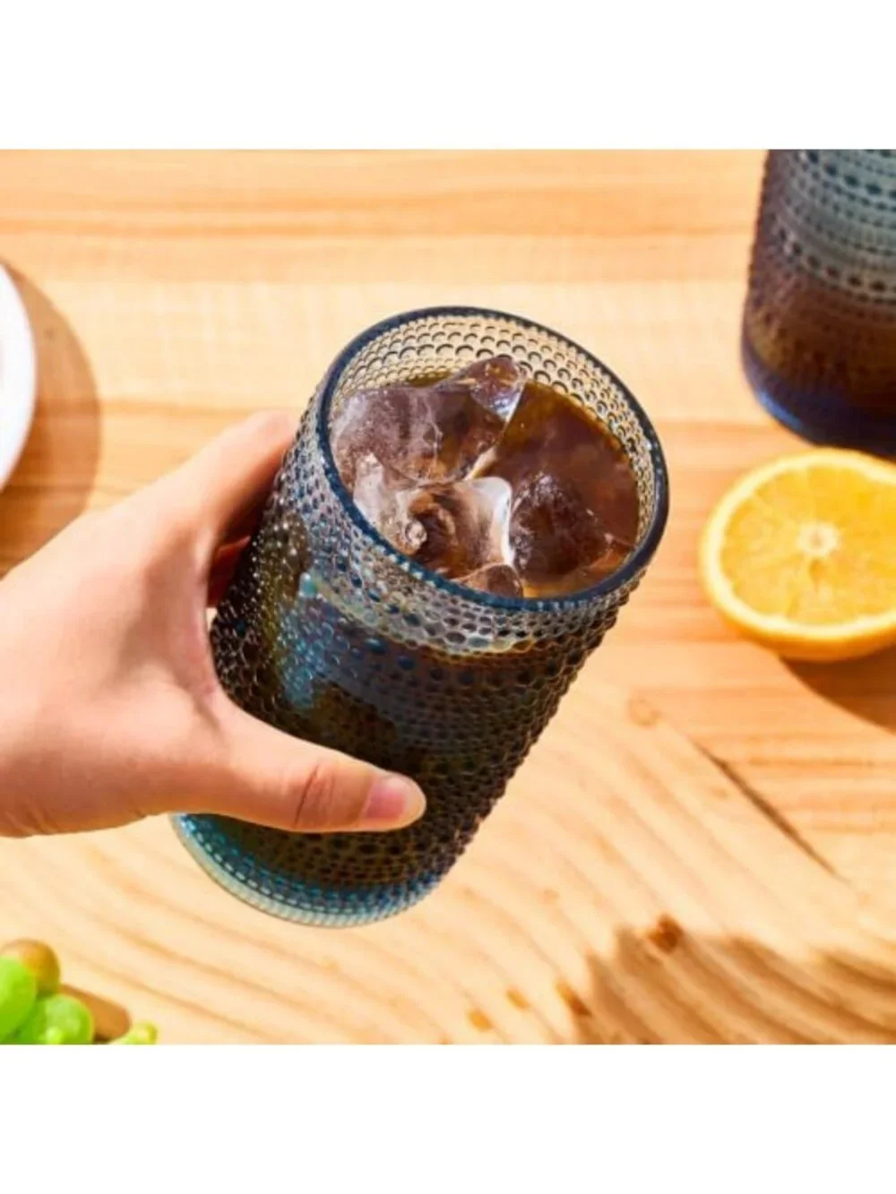 Set of 6 Blue Hobnail Tumblers - 16oz Vintage Drinking Glasses for Home Bar